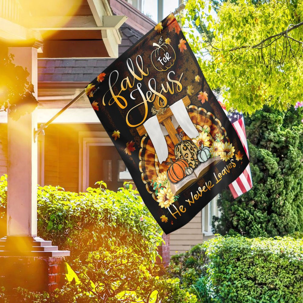 Christian Garden Flags, Fall For Jesus He Never Leaves Thanksgiving Flag, Christian House Flags, Christian Cross Flag, Faith Flag