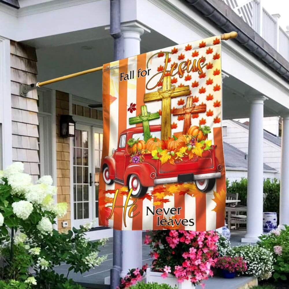 Christian Garden Flags, Fall For Jesus He Never Leaves Thanksgiving Flags, Christian House Flags, Christian Cross Flag, Faith Flag