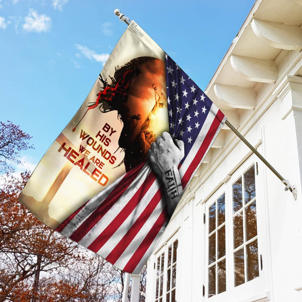 Christian Garden Flags, God Jesus Christian By His Wounds We Are Healed American Flag, Christian House Flags, Christian Cross Flag, Faith Flag