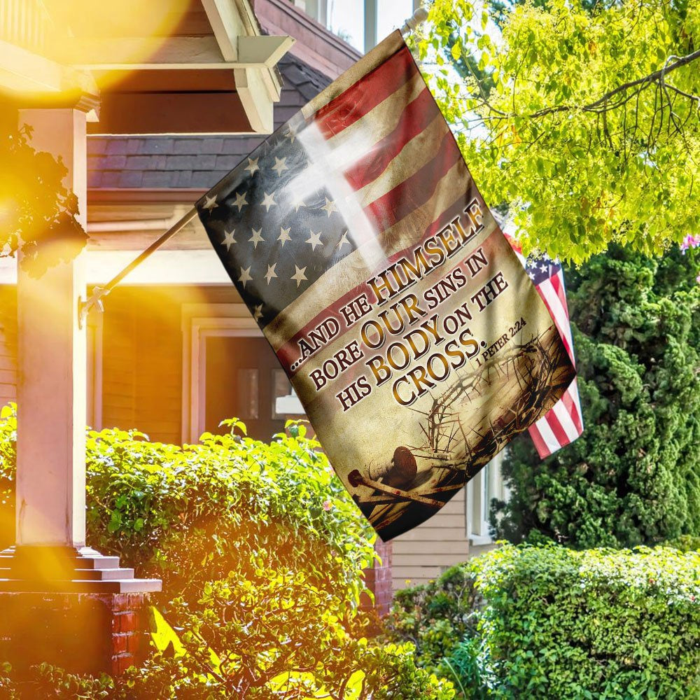 Christian Garden Flags, He Himself Bore Our Sins In His Body On The Cross Flag, Christian House Flags, Christian Cross Flag, Faith Flag