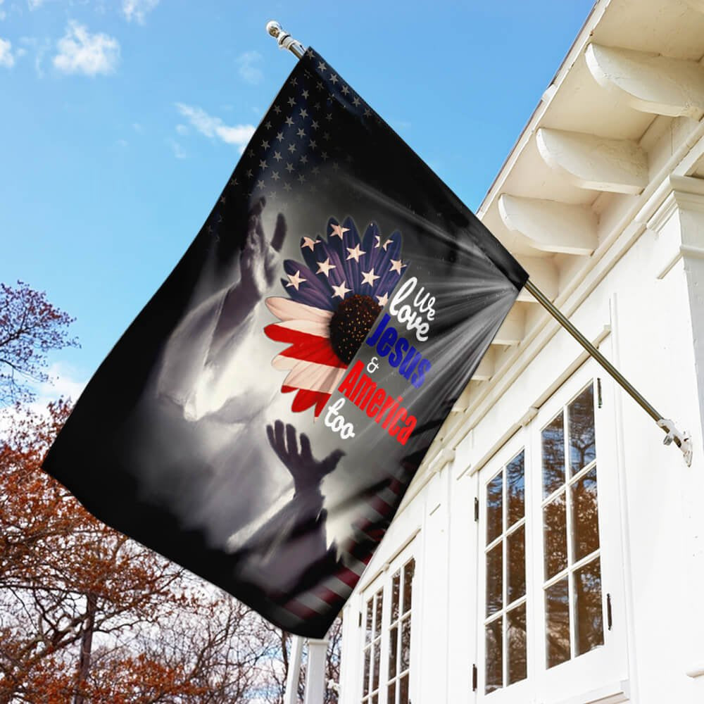 Christian Garden Flags, Jesus Flag, Jesus And Sunflower Flag, American Flag, We Love Jesus And America Too, Christian House Flags, Faith Flag
