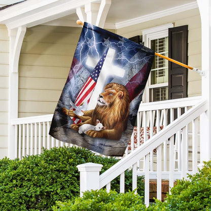 Christian Garden Flags, Lion And Lamb Cross American Flag, Christian House Flags, Christian Cross Flag, Faith Flag