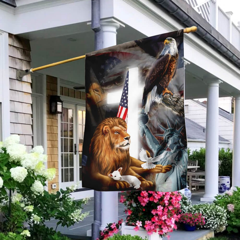 Christian Garden Flags, Lion and Lamb American Flag, Christian House Flags, Christian Cross Flag, Faith Flag