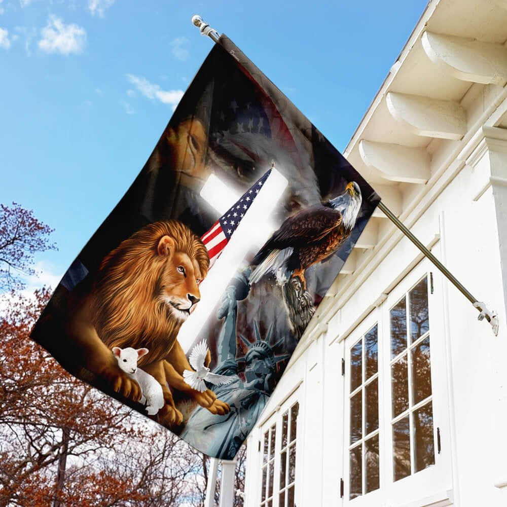 Christian Garden Flags, Lion and Lamb American Flag, Christian House Flags, Christian Cross Flag, Faith Flag