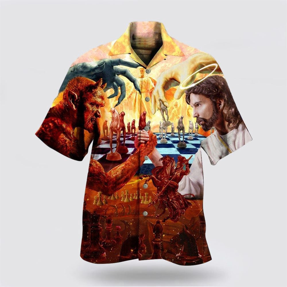 Christian Hawaiian Shirt, Chess Battle Satan Jesus Cool Style Hawaiian Shirt, Christian Aloha Shirt