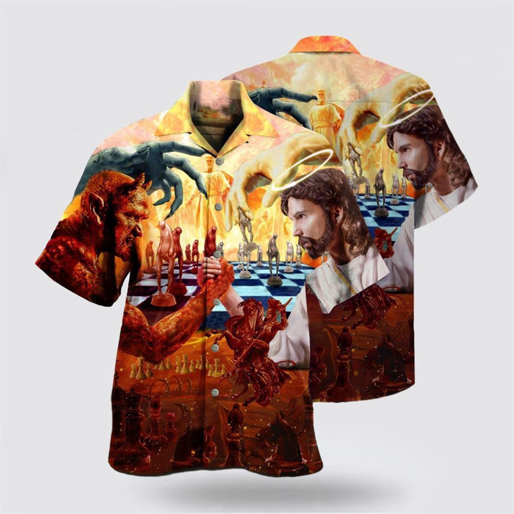Christian Hawaiian Shirt, Chess Battle Satan Jesus Cool Style Hawaiian Shirt, Christian Aloha Shirt