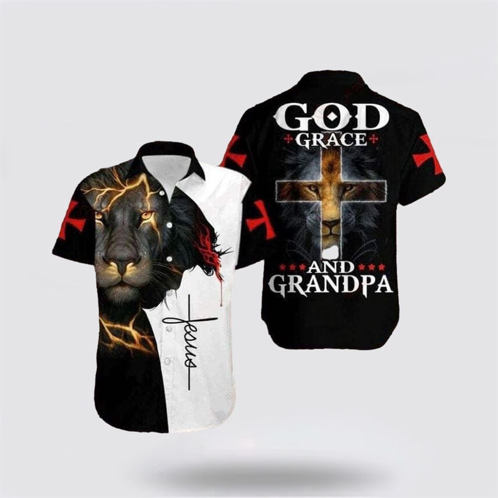 Christian Hawaiian Shirt, Cross Jesus Bible Lion God Grace And Grandpa Religion Hawaiian Shirt, Christian Aloha Shirt