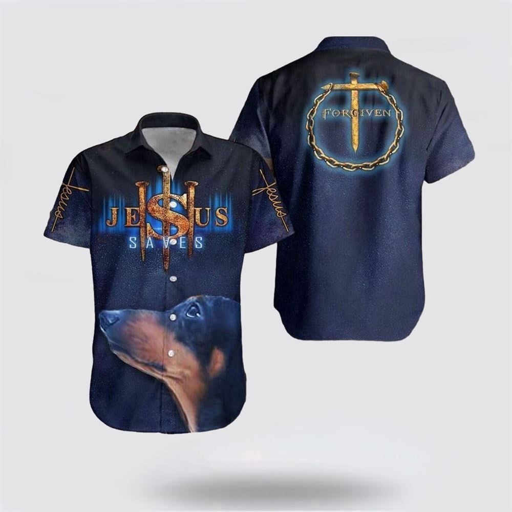 Christian Hawaiian Shirt, Dachshund Cross Jesus Saves Christian Faith Dog Lover Unique Hawaiian Shirt, Christian Aloha Shirt
