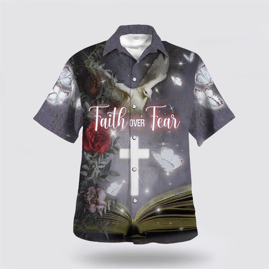 Christian Hawaiian Shirt, Faith Over Fear Cross Dove Hawaiian Shirt, Christian Aloha Shirt