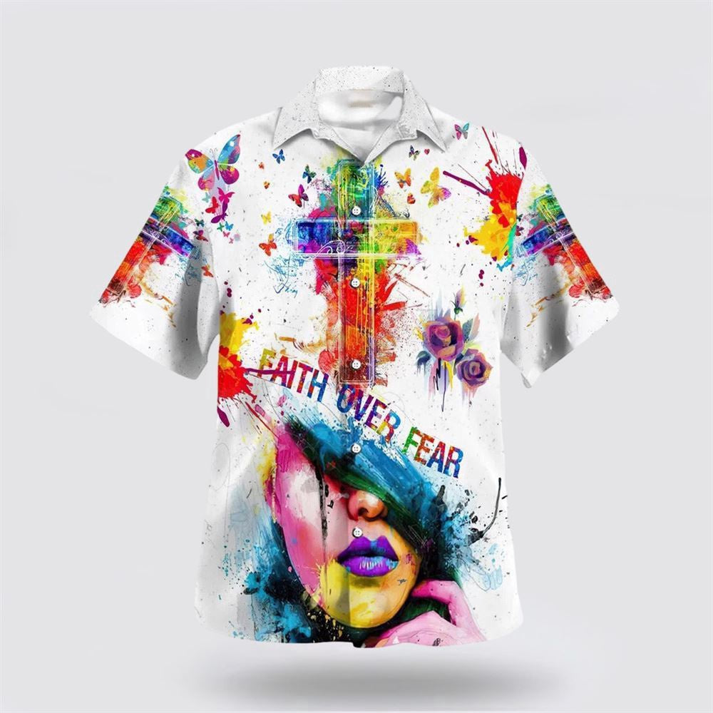 Christian Hawaiian Shirt, Faith Over Fear Cross Hawaiian Shirt, Christian Aloha Shirt