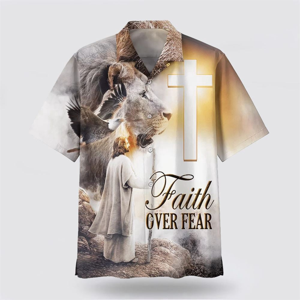 Christian Hawaiian Shirt, Faith Over Fear Hawaiian Shirt, Jesus And The Lion Hawaiian Shirt, Christian Aloha Shirt
