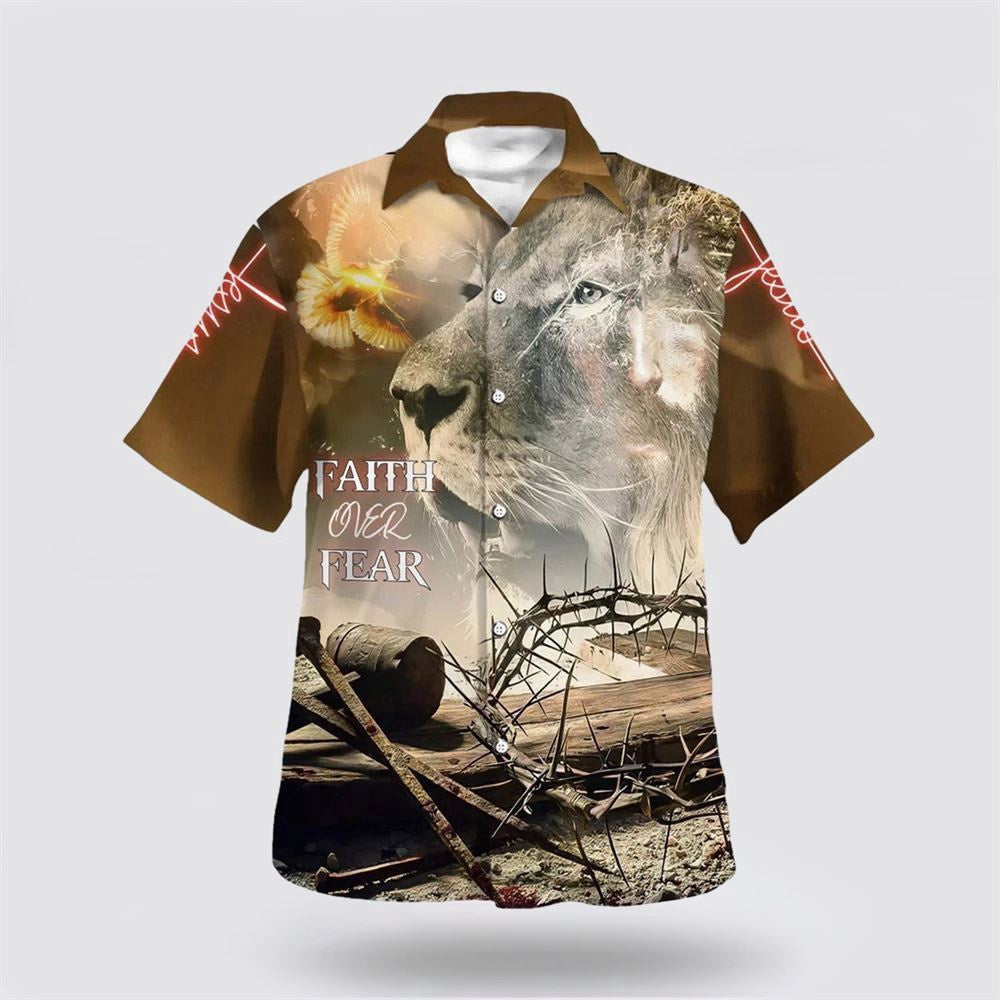 Christian Hawaiian Shirt, Faith Over Fear Hawaiian Shirt, Lion And Crown Of Thorns Hawaiian Shirts For Men, Christian Aloha Shirt