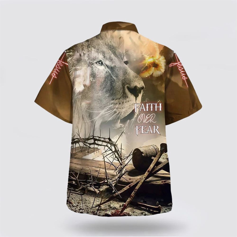 Christian Hawaiian Shirt, Faith Over Fear Hawaiian Shirt, Lion And Crown Of Thorns Hawaiian Shirts For Men, Christian Aloha Shirt