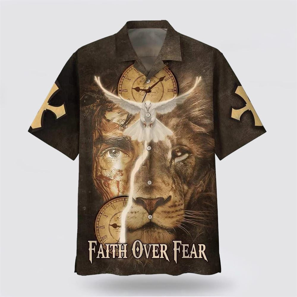 Christian Hawaiian Shirt, Faith Over Fear Jesus Lion And Dove Hawaiian Shirt, Christian Aloha Shirt