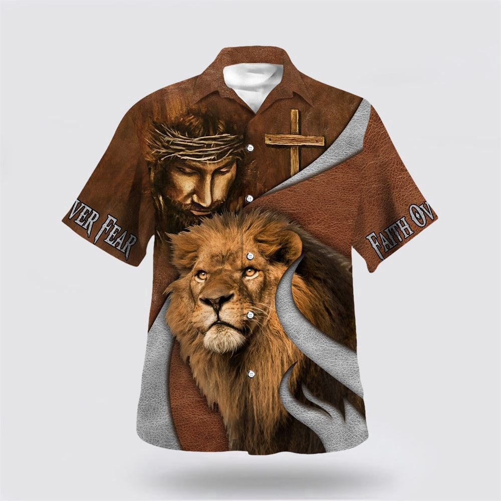 Christian Hawaiian Shirt, Faith Over Fear Jesus Lion Hawaiian Shirt, Christian Aloha Shirt