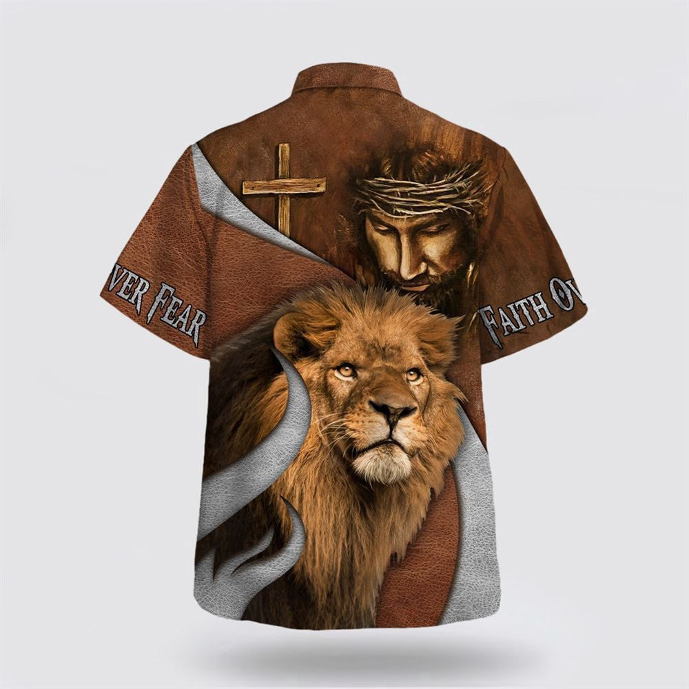 Christian Hawaiian Shirt, Faith Over Fear Jesus Lion Hawaiian Shirt, Christian Aloha Shirt