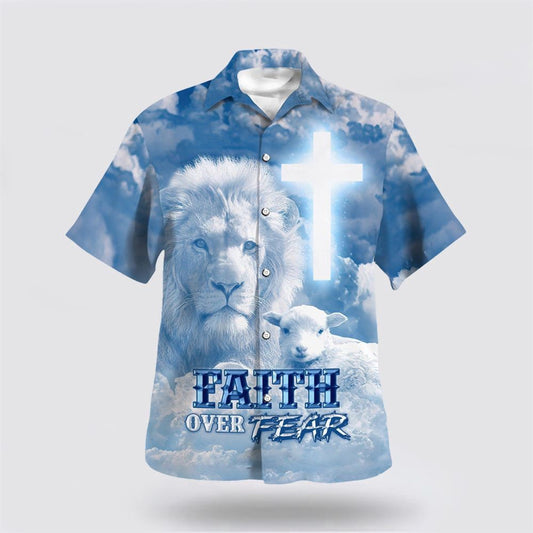 Christian Hawaiian Shirt, Faith Over Fear Jesus Lion Lamb Hawaiian Shirt, Christian Aloha Shirt