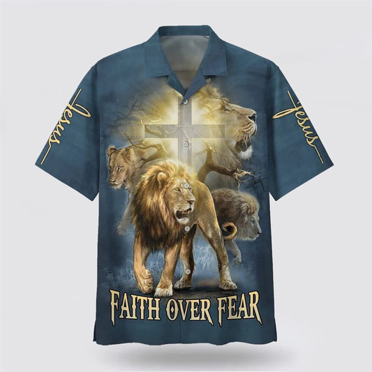 Christian Hawaiian Shirt, Faith Over Fear Lion Hawaiian Shirt, Christian Aloha Shirt