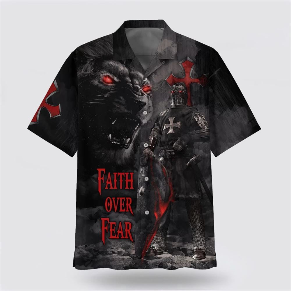 Christian Hawaiian Shirt, Faith Over Fear Warrior Of Christ Lion Cross Hawaiian Shirt, Christian Aloha Shirt