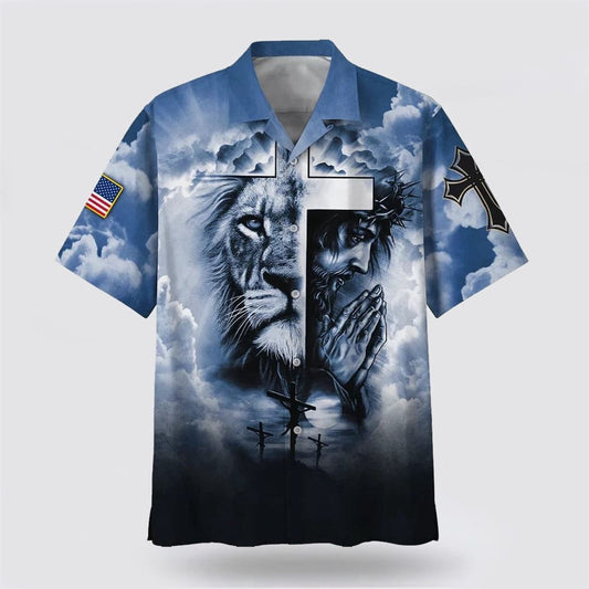 Christian Hawaiian Shirt, Jesus And Cross Lion Pray Hawaiian Shirt, Christian Aloha Shirt