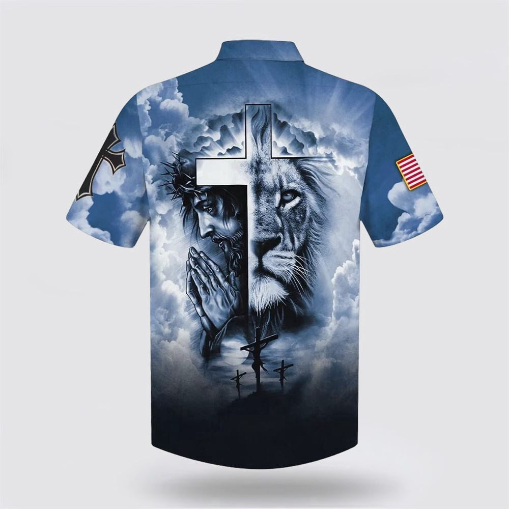 Christian Hawaiian Shirt, Jesus And Cross Lion Pray Hawaiian Shirt, Christian Aloha Shirt
