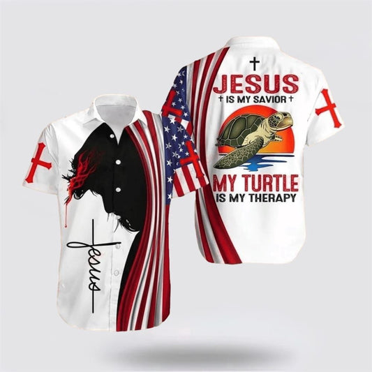 Christian Hawaiian Shirt, Jesus Bible Cross Jesus Is My Savior My Turtle Is My Therapy Hawaiian Shirt, Christian Aloha Shirt