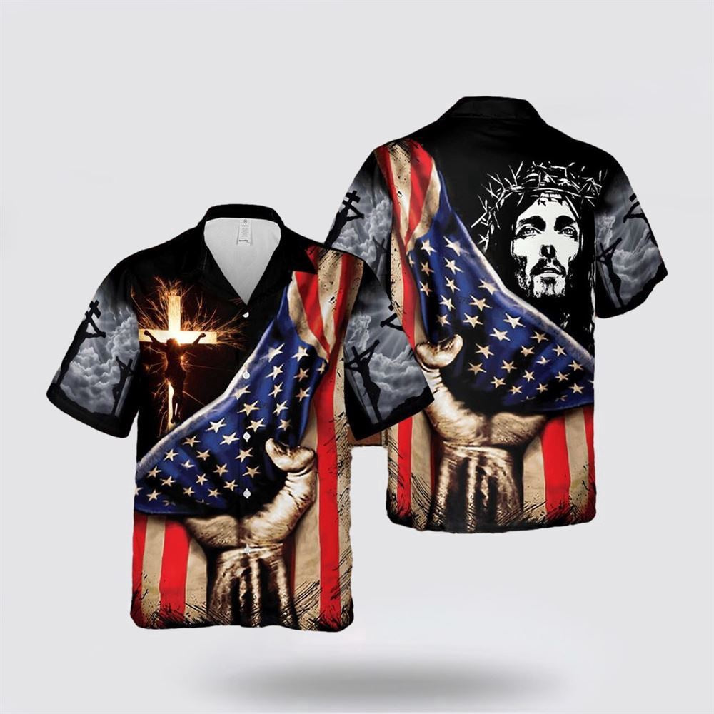 Christian Hawaiian Shirt, Jesus Christ American Flag Cross Hawaiian Shirt, Christian Aloha Shirt