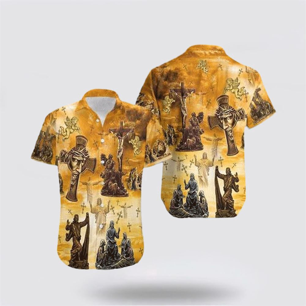 Christian Hawaiian Shirt, Jesus Cross Statue Yellow Hawaiian Shirt, Christian Aloha Shirt