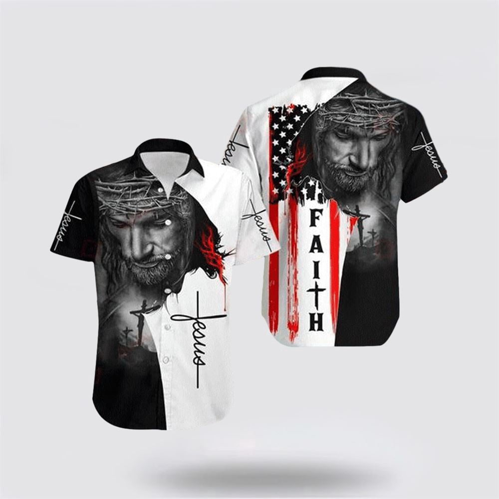 Christian Hawaiian Shirt, Jesus Face Faith American Flag Hawaii Shirt Hawaiian Shirt, Christian Aloha Shirt
