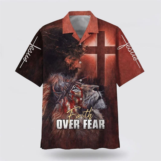 Christian Hawaiian Shirt, Jesus Faith Over Fear Lion Cross Hawaiian Shirt, Christian Aloha Shirt