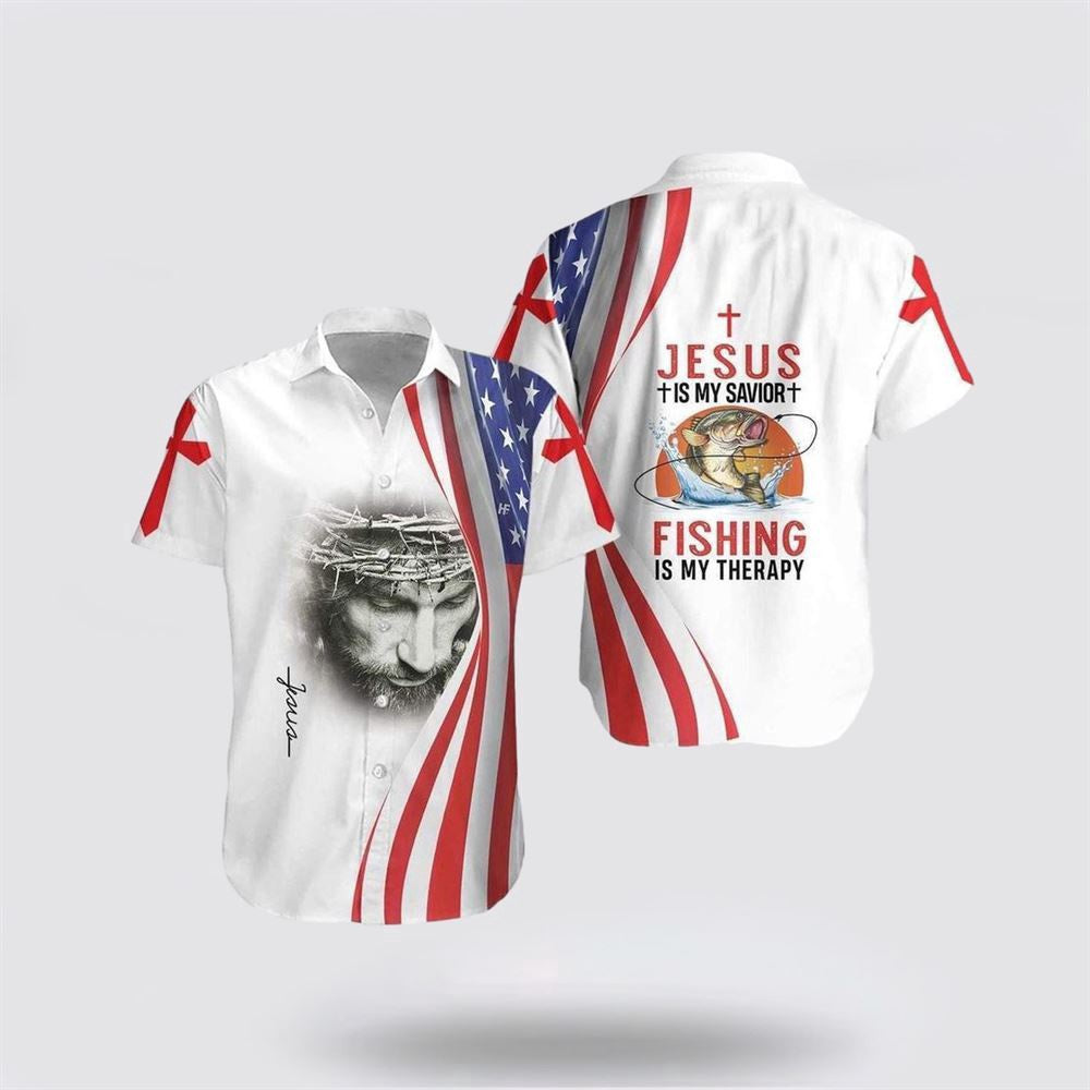 Christian Hawaiian Shirt, Jesus Hawaiian Shirt Jesus Is My Savior Fishing Is My Therapy Hawaiian Shirt, Christian Aloha Shirt