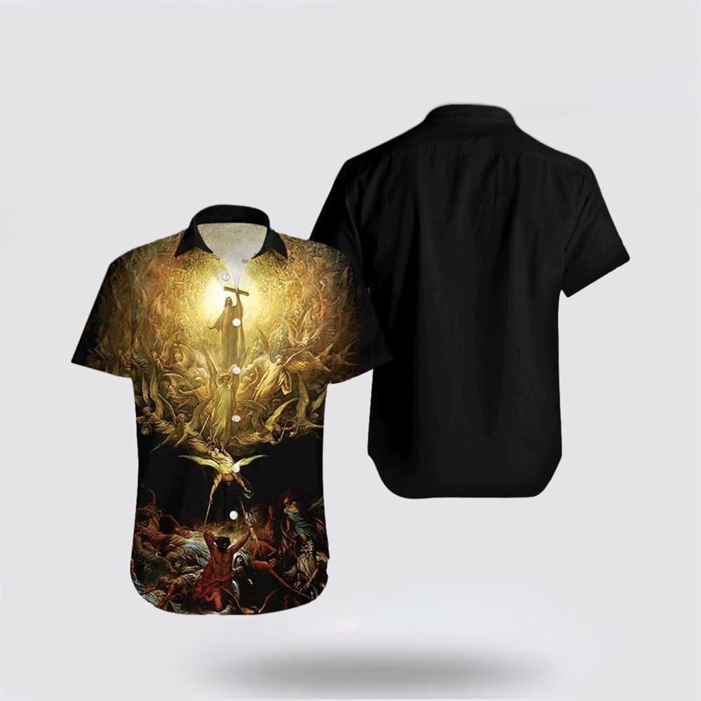 Christian Hawaiian Shirt, Jesus Holy Light Angels Black Hawaiian Shirt, Christian Aloha Shirt