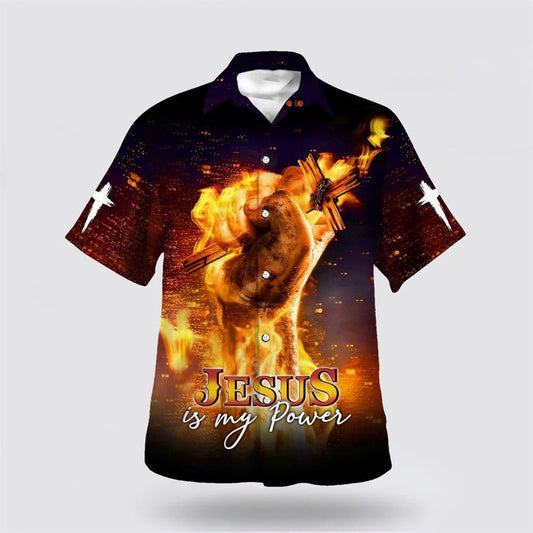 Christian Hawaiian Shirt, Jesus Is My Power Hand Holding Fire Hawaiian Shirt, Christian Aloha Shirt