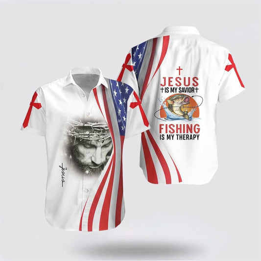 Christian Hawaiian Shirt, Jesus Is My Savior Fishing Is My Therapy Hawaiian Shirt, Christian Aloha Shirt