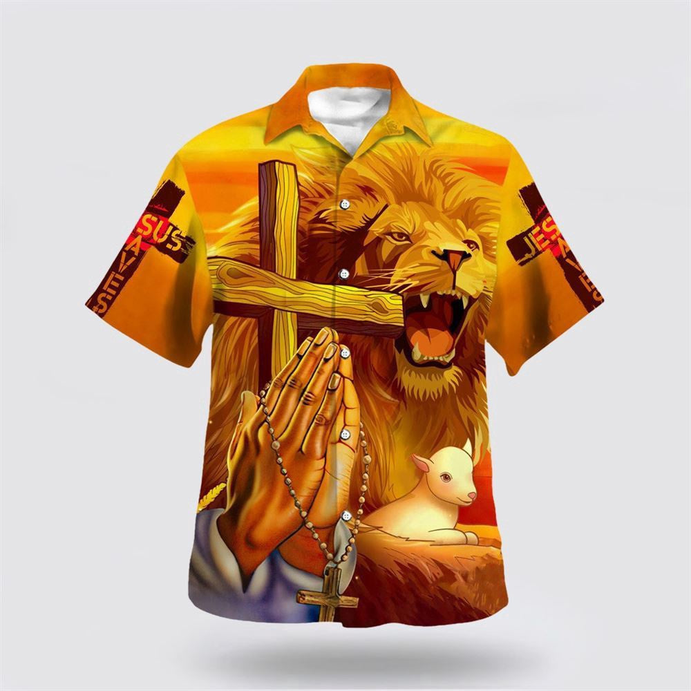 Christian Hawaiian Shirt, Jesus Lion Cross Faith Over Fear Hawaiian Shirt, Christian Aloha Shirt