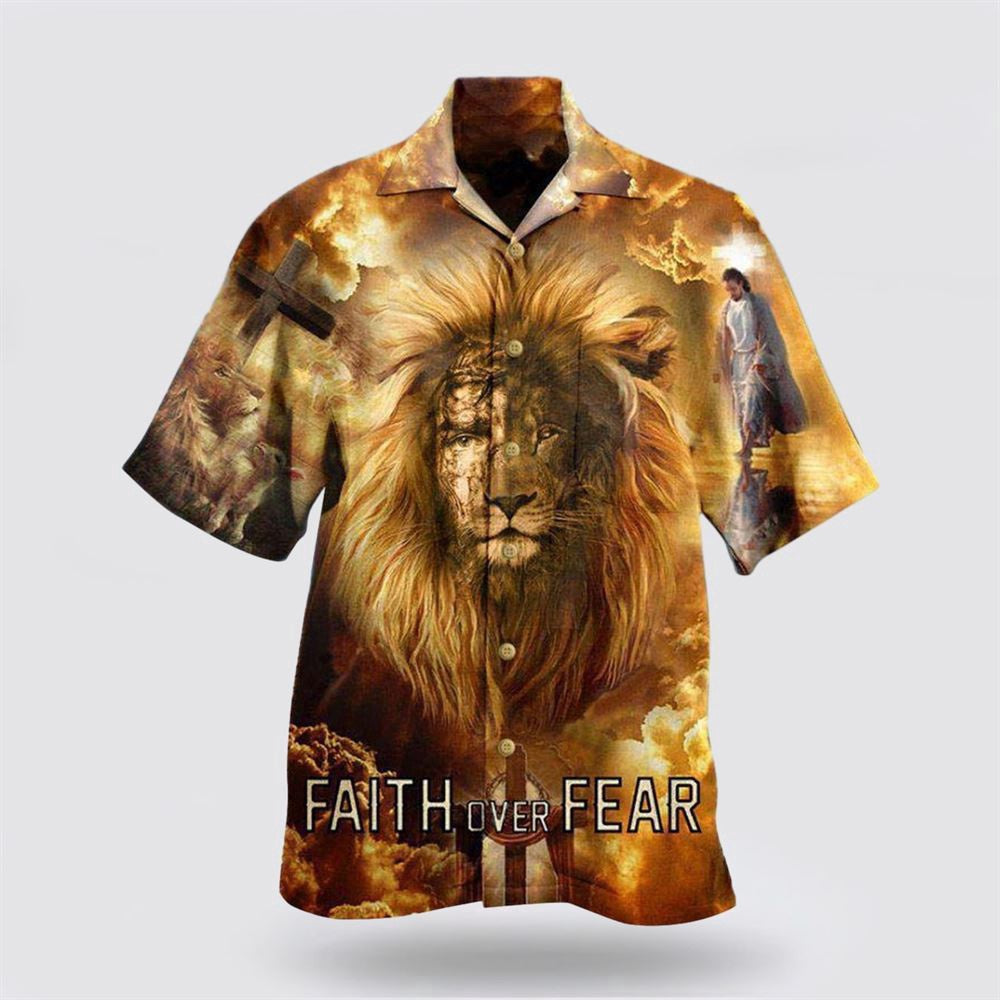 Christian Hawaiian Shirt, Jesus Lion Faith Over Fear Psalms Hawaiian Shirts, Christian Aloha Shirt