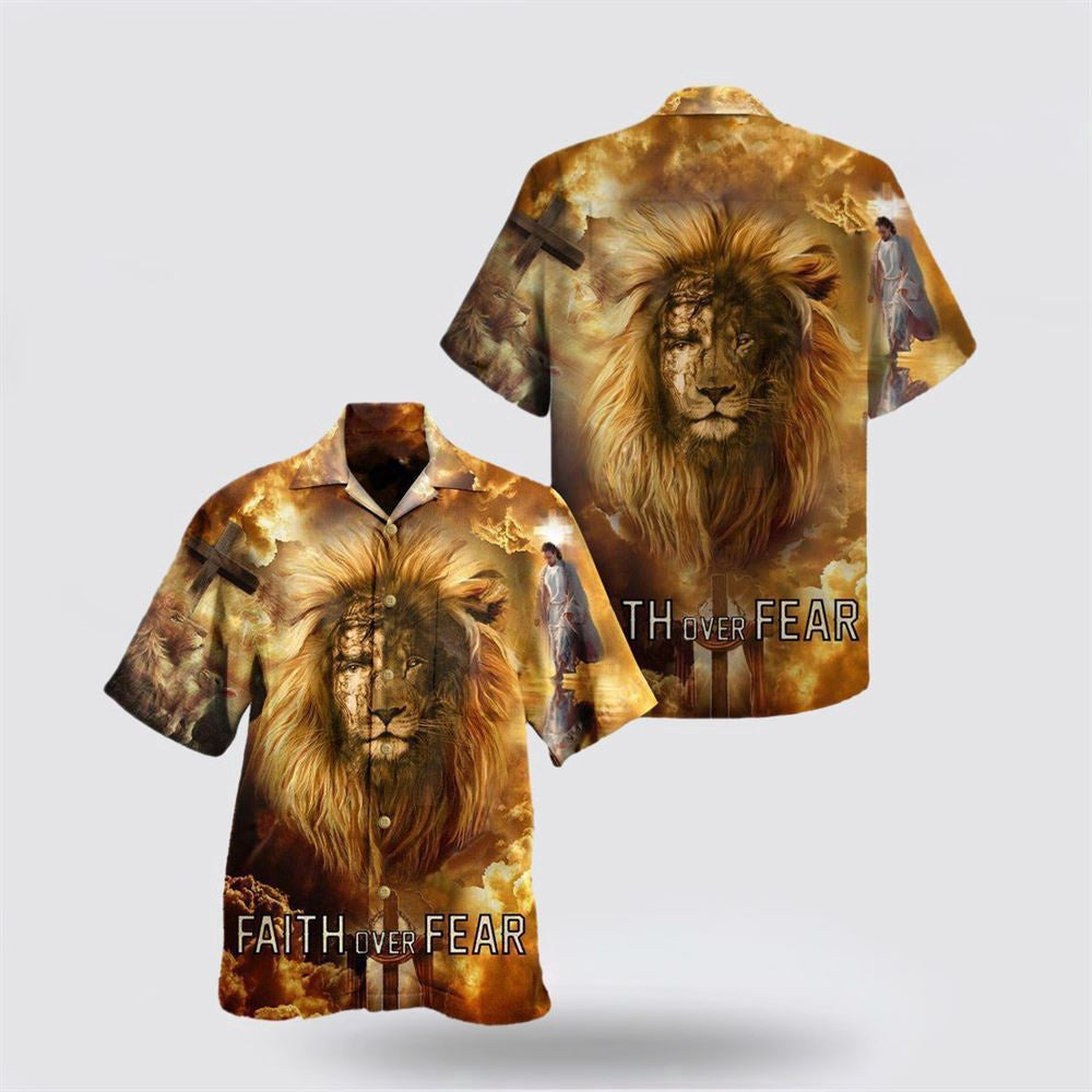 Christian Hawaiian Shirt, Jesus Lion Faith Over Fear Psalms Hawaiian Shirts, Christian Aloha Shirt