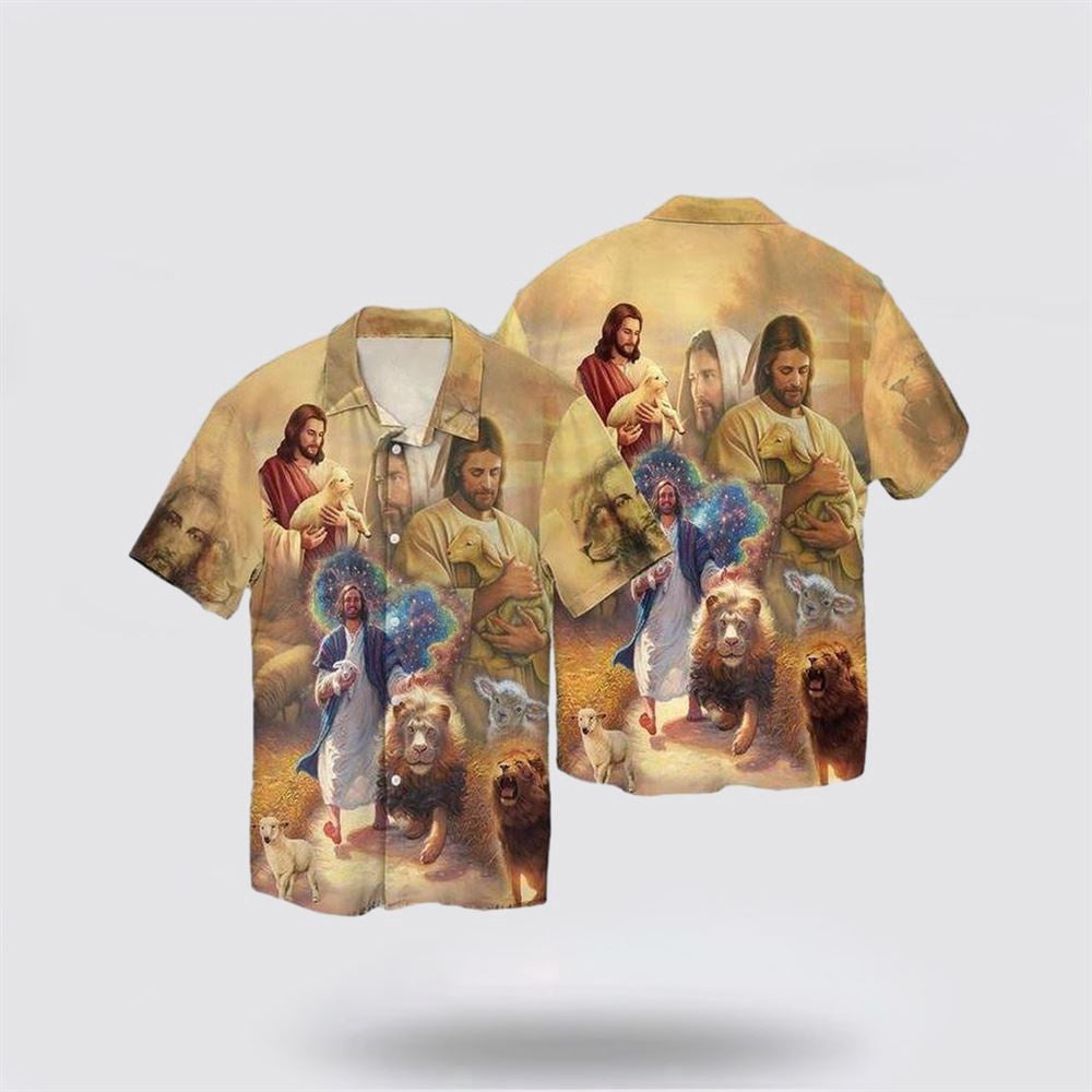 Christian Hawaiian Shirt, Jesus Lion Lamb Galaxy Hawaiian Shirt, Christian Aloha Shirt
