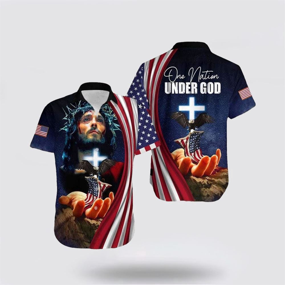 Christian Hawaiian Shirt, Jesus One Nation Under God American Flag Christian US Flag Hawaiian Shirt, Christian Aloha Shirt