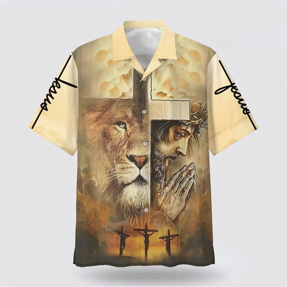 Christian Hawaiian Shirt, Jesus Praying Lion Of Judah Christian Cross Faith Hawaiian Shirt, Christian Aloha Shirt