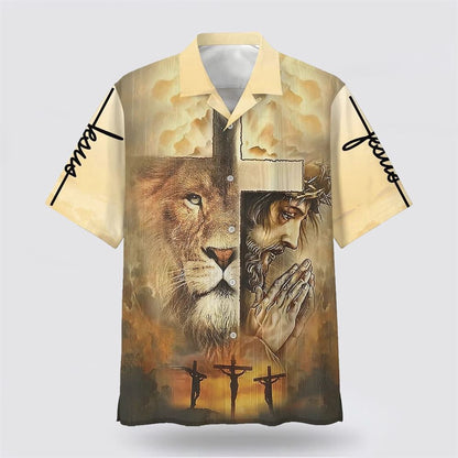 Christian Hawaiian Shirt, Jesus Praying Lion Of Judah Christian Cross Faith Hawaiian Shirt, Christian Aloha Shirt