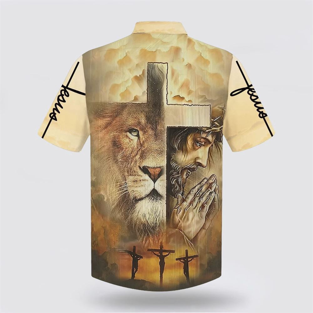Christian Hawaiian Shirt, Jesus Praying Lion Of Judah Christian Cross Faith Hawaiian Shirt, Christian Aloha Shirt