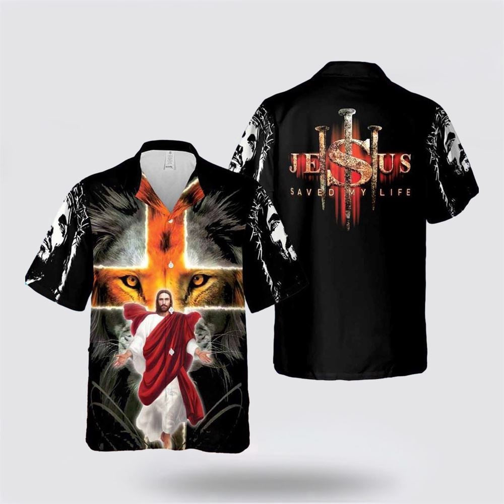Christian Hawaiian Shirt, Jesus Saved My Life Lion Cross Hawaiian Shirt, Christian Aloha Shirt