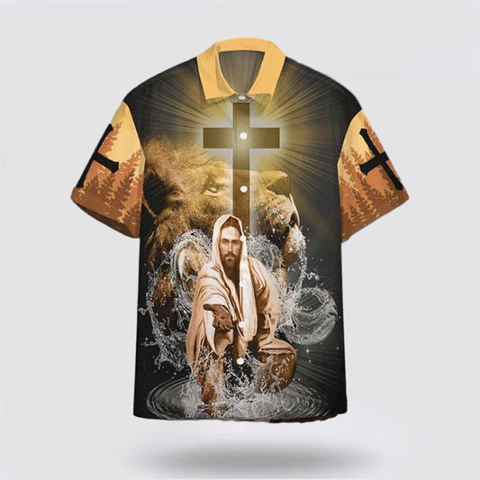 Christian Hawaiian Shirt, Jesus Stretched Out His Hand Hawaiian Shirt, Jesus My God My King Lion Orange Hawaiian Shirt, Christian Aloha Shirt