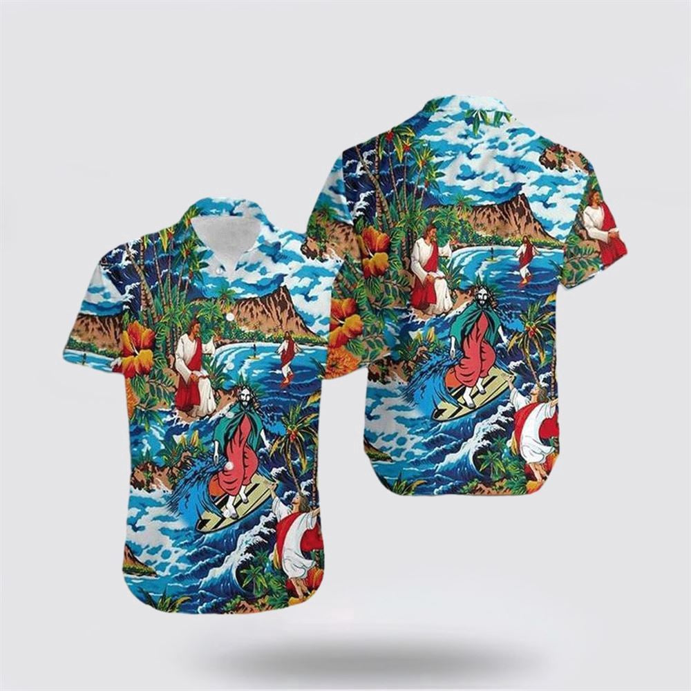 Christian Hawaiian Shirt, Jesus Surfing On Island Hawaiian Shirt, Christian Aloha Shirt
