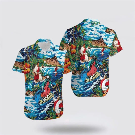 Christian Hawaiian Shirt, Jesus Surfing On Island Hawaiian Shirt, Christian Aloha Shirt
