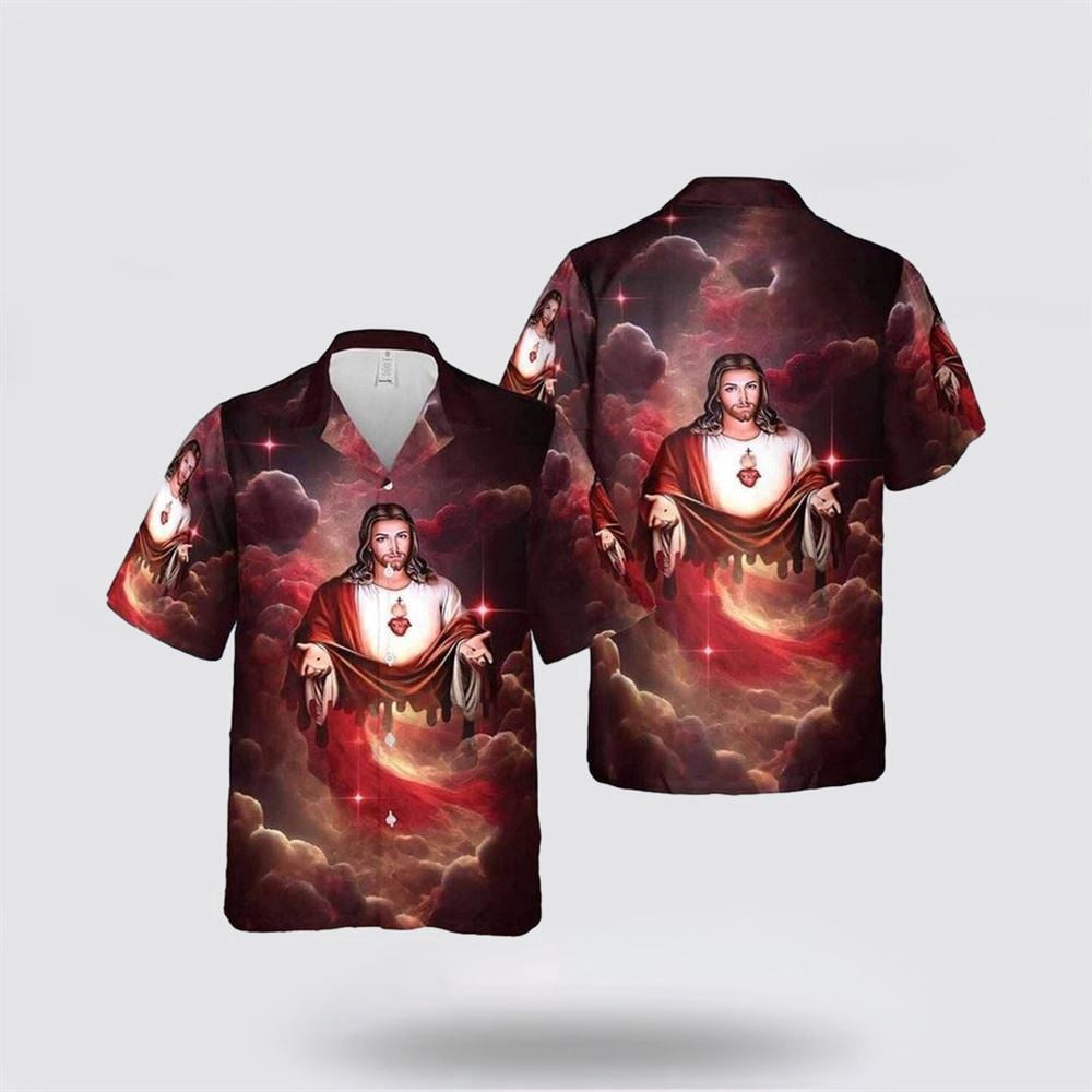 Christian Hawaiian Shirt, Jesus Take My Hand Red Cloud Galaxy Religion Hawaiian Shirt, Christian Aloha Shirt