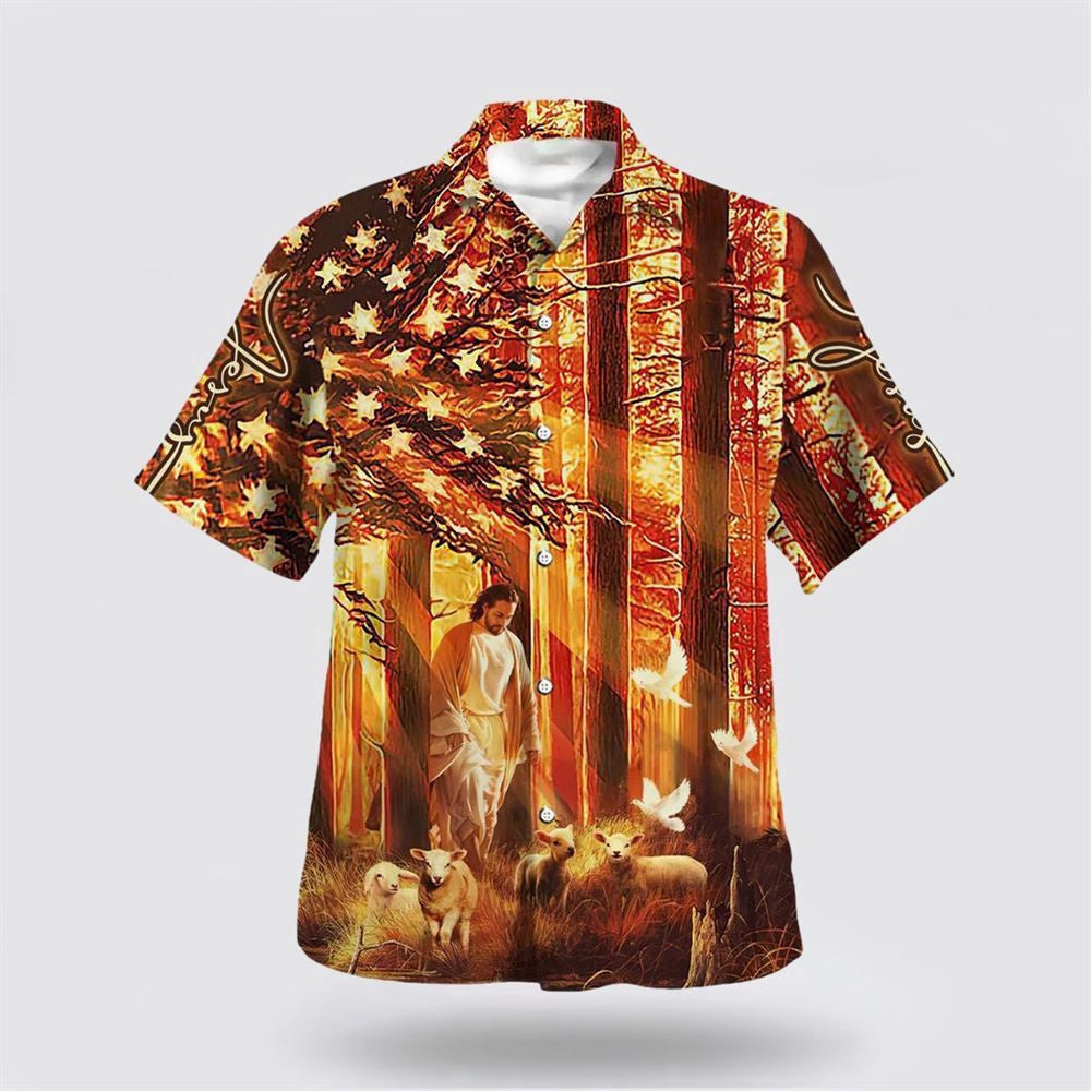 Christian Hawaiian Shirt, Jesus Walking In The Forest With The Sheep Hawaiian Shirt, Christian Aloha Shirt