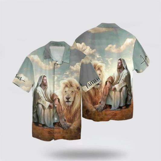 Christian Hawaiian Shirt, Lion And Jesus Pictures Hawaiin Shirt Hawaiian Shirt, Christian Aloha Shirt