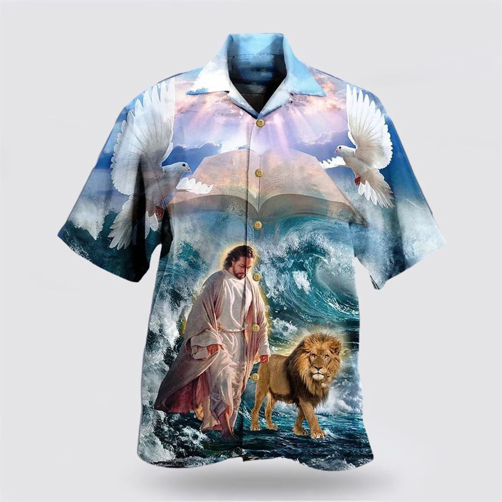 Christian Hawaiian Shirt, Lion And Jesus Walk On Water Christian Hawaiian Shirts, Christian Aloha Shirt